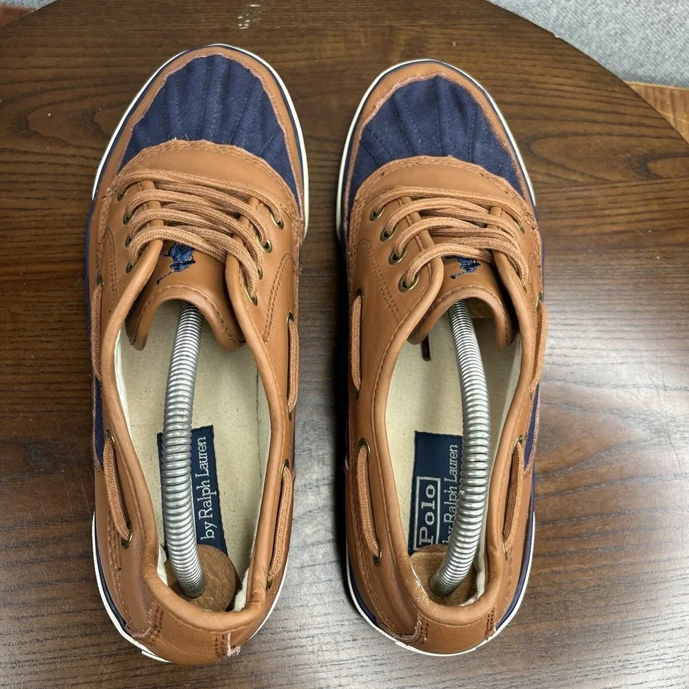 Polo Ralpth Lauren Parkstone Low Shoes Women's 10.5 D Blue Brown Leather Canvas - Picture 6 of 13